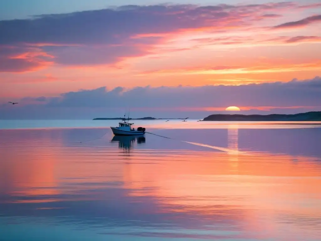 Un atardecer vibrante tiñe de naranja y rosa las aguas tranquilas donde una pequeña embarcación pesquera se desliza suavemente