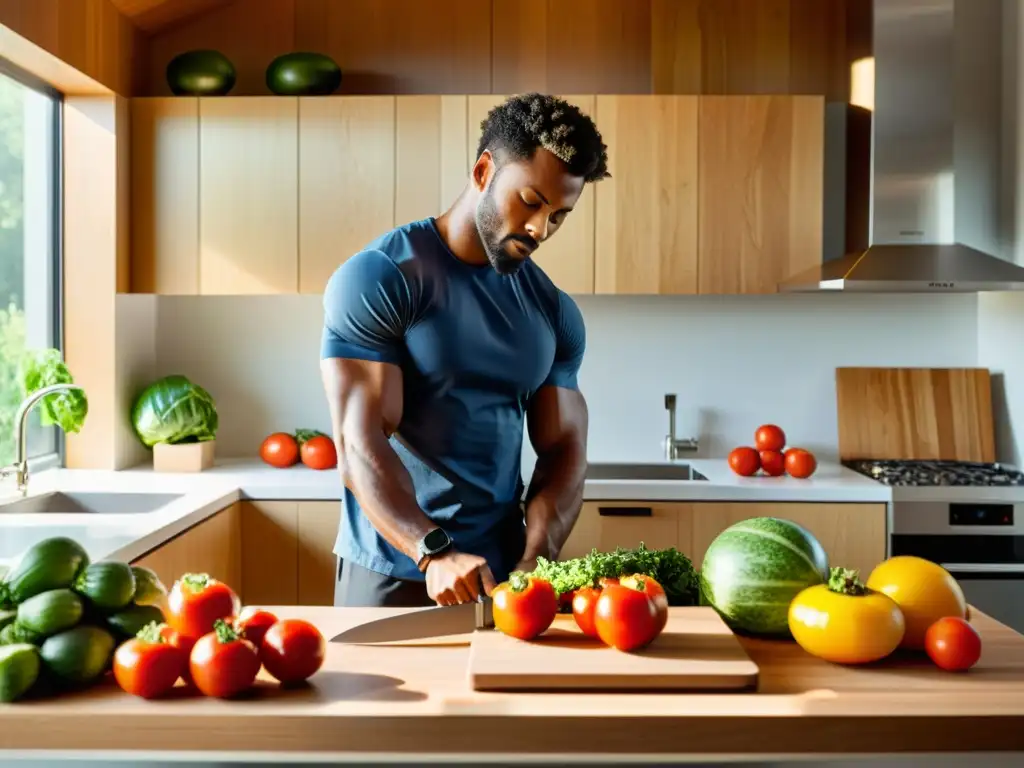 Un atleta corta tomate en una cocina orgánica para atletas, mostrando determinación y dedicación a la nutrición orgánica