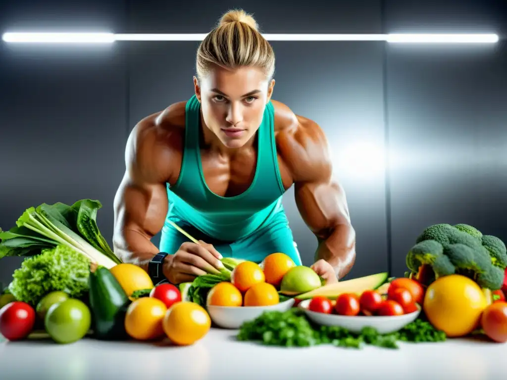 Un atleta profesional disfruta de una comida orgánica y colorida, mostrando su compromiso con la correlación entre rendimiento deportivo y dieta orgánica