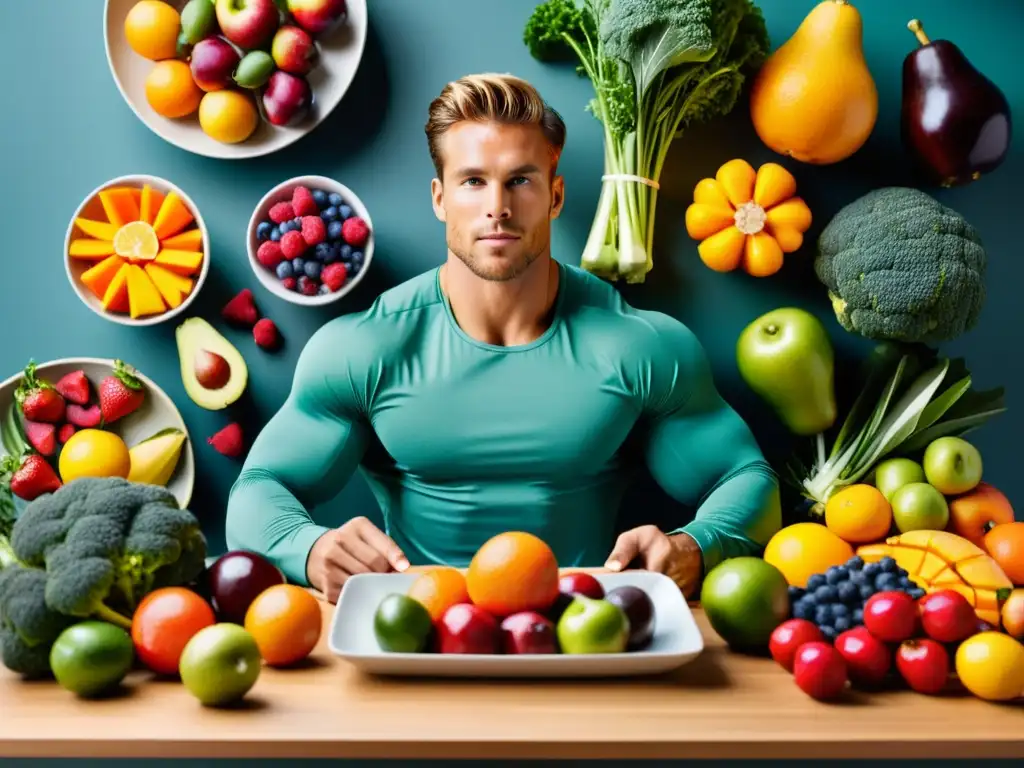 Un atleta profesional concentrado junto a una colorida y fresca dieta orgánica