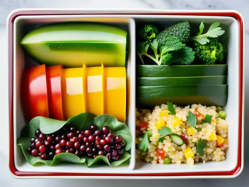 Una atractiva ensalada de quinua en bento box, ideal para recetas orgánicas saludables almuerzos oficina