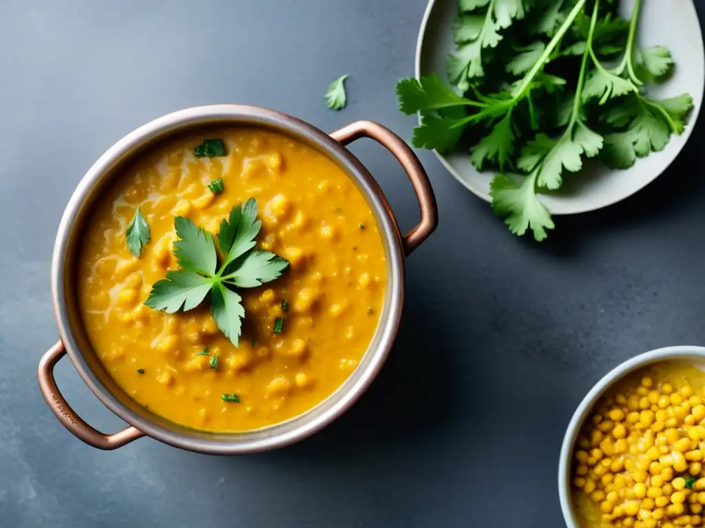 Una auténtica receta de dal con legumbres orgánicas, servida en una olla de cobre brillante con cilantro fresco y semillas de comino tostadas