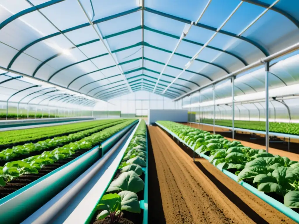 Avances tecnológicos en agricultura orgánica: Invernadero futurista con tecnología avanzada y cultivos prósperos bañados en luz natural