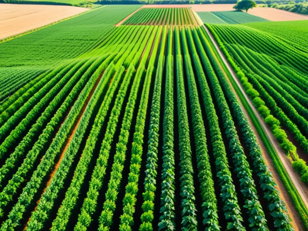 Avances tecnológicos en agricultura orgánica: campo exuberante con cultivos verdes, sol cálido y granjas sostenibles