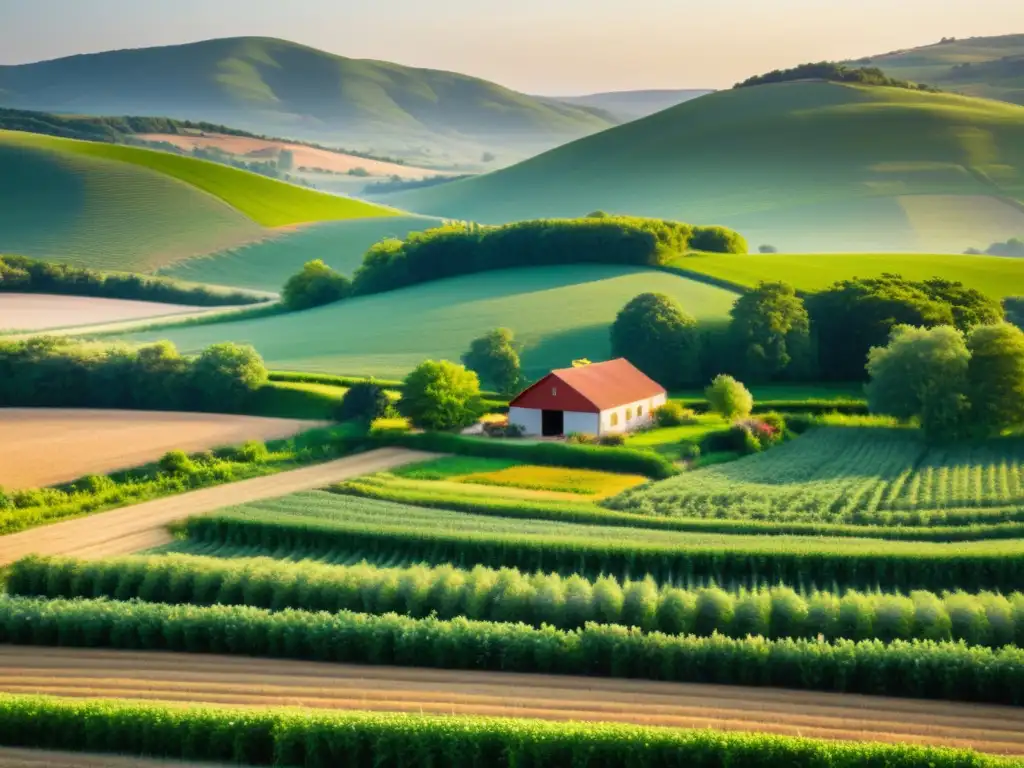 Avances tecnológicos en cultivo orgánico: Atardecer dorado sobre granja orgánica, campos verdes y casa rural en armonía con la naturaleza