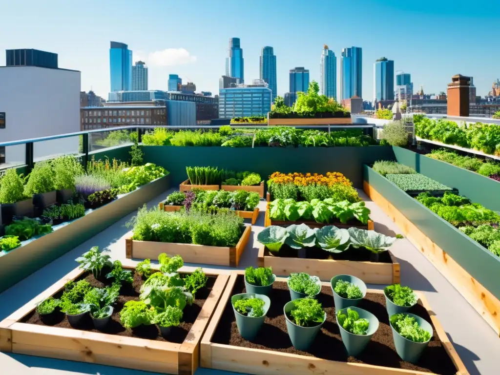 Un jardín en la azotea de la ciudad con permacultura urbana en pequeños espacios, repleto de vegetales, hierbas y árboles frutales en armonía