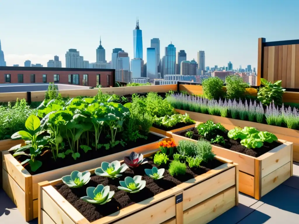 Un jardín en la azotea con vegetales y hierbas vibrantes en pequeñas camas elevadas