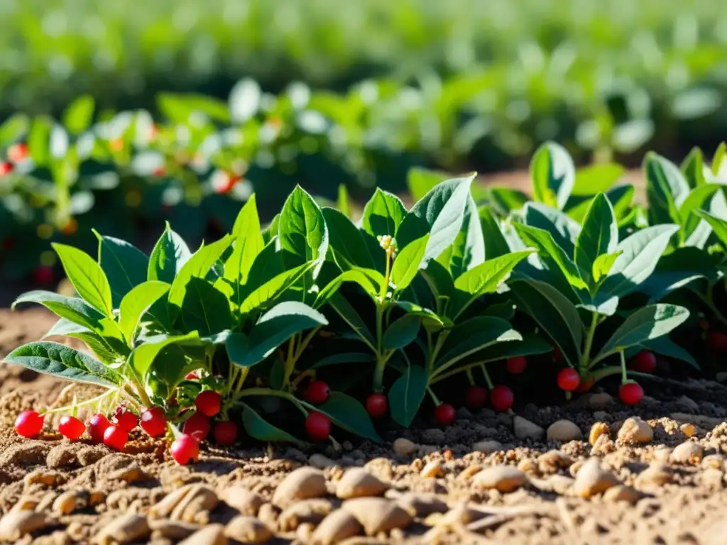 Plantación orgánica de Ashwagandha bañada por el sol, resaltando su belleza natural y los beneficios para el estrés