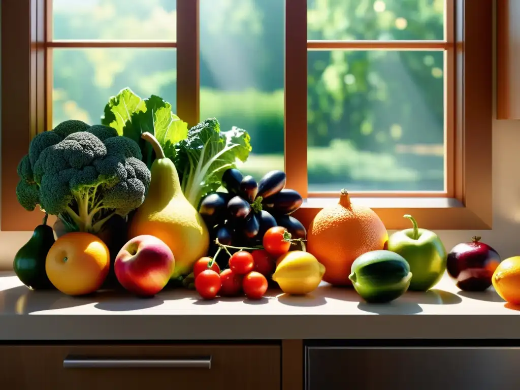 Bandeja de frutas y verduras orgánicas en una cocina moderna, iluminada por el sol