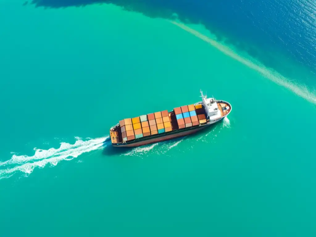 Un barco de carga con contenedores de alimentos orgánicos navega en aguas turquesas, rodeado de islas verdes