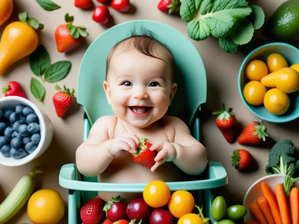 Un bebé sonriente rodeado de frutas y verduras orgánicas en una silla alta