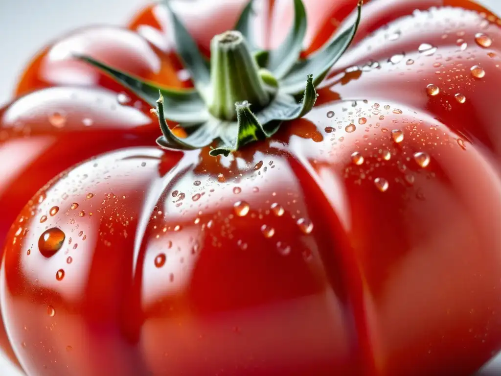 Belleza orgánica: un tomate rojo maduro suspendido en el aire con gotas de agua, resaltando su textura y beneficios para la salud pulmonar