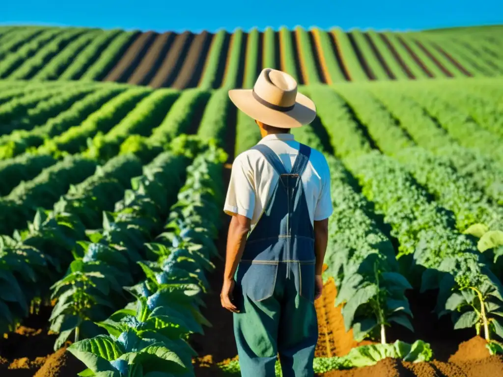 Bello campo verde de cultivos orgánicos bajo cielo azul