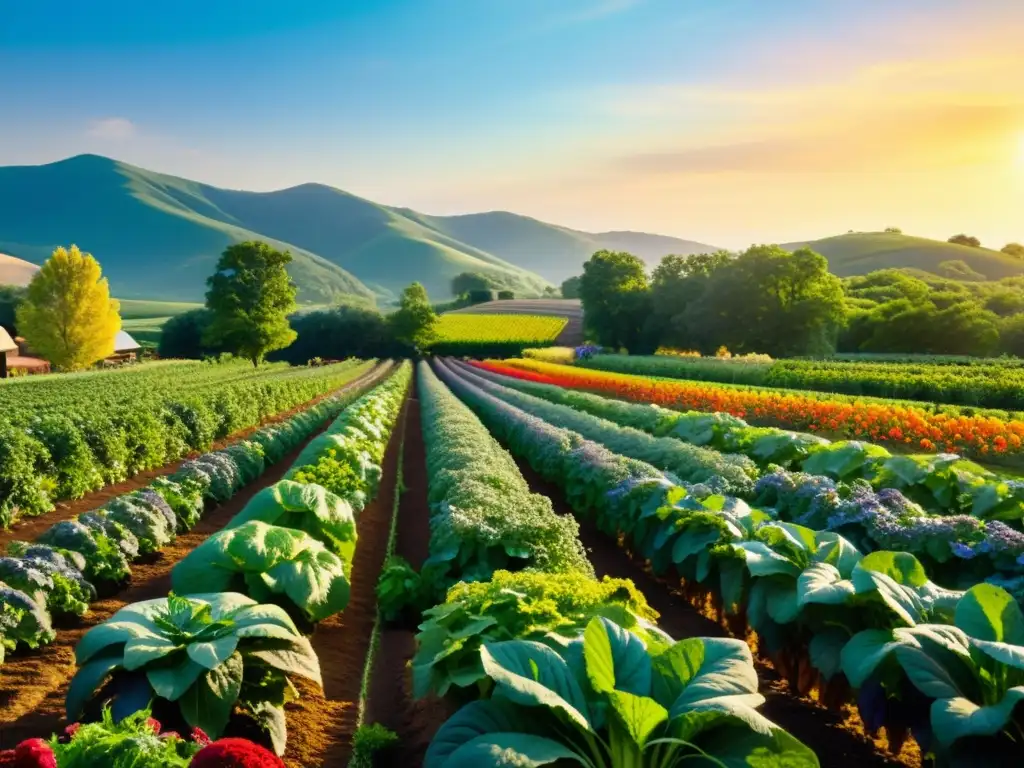 Biodiversidad y beneficios de alimentos orgánicos en escena de granja vibrante y abundante, con frutas, vegetales y vida natural en armonía