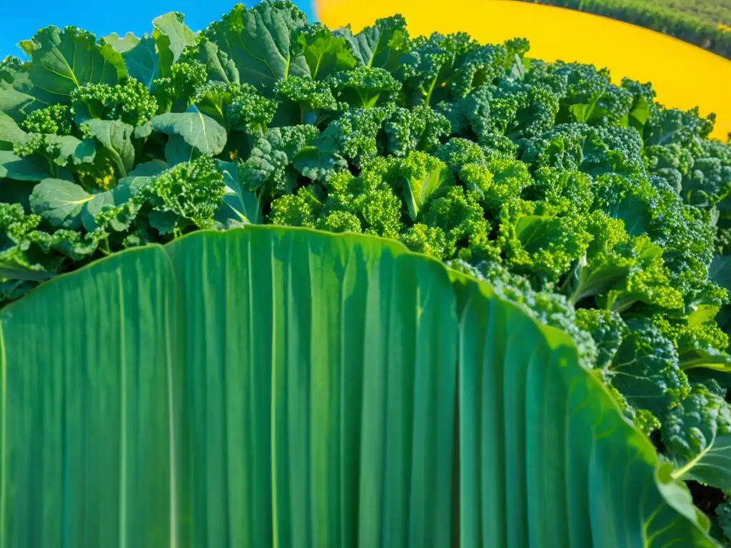 Beneficios de cultivos orgánicos superfoods: Campo verde exuberante con hileras de kale y espinacas bajo el sol dorado y cielo azul