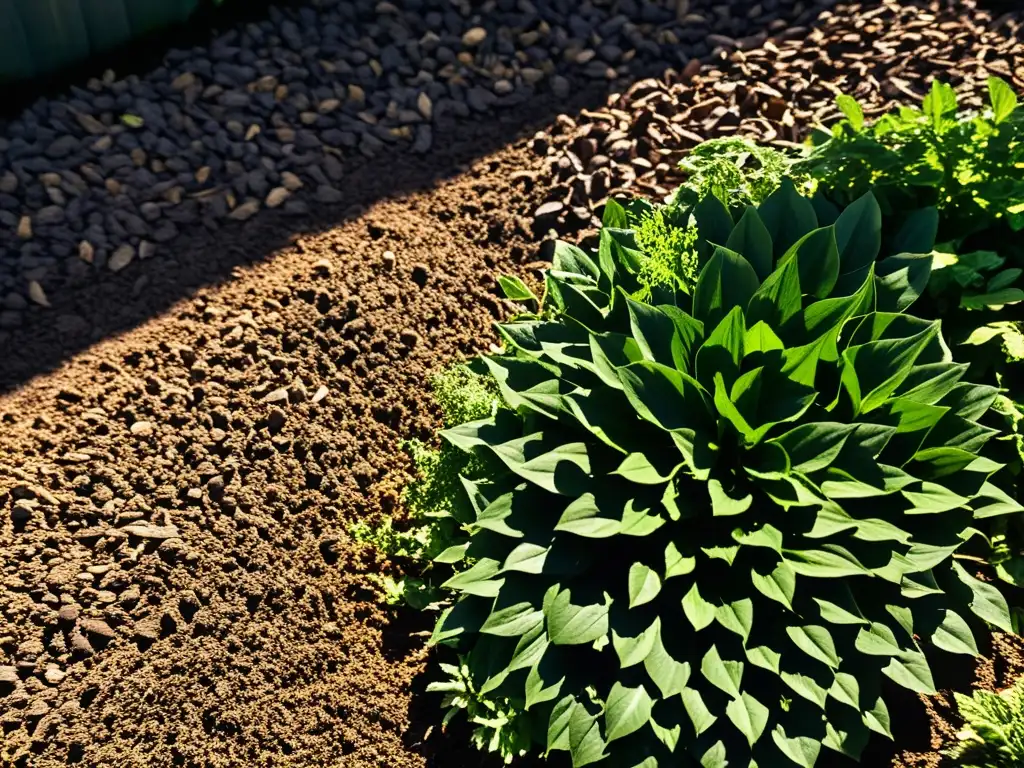 Beneficios del mulching en suelos: Fotografía vibrante de un lecho de jardín cubierto de mantillo, iluminado por el sol y rebosante de vida natural