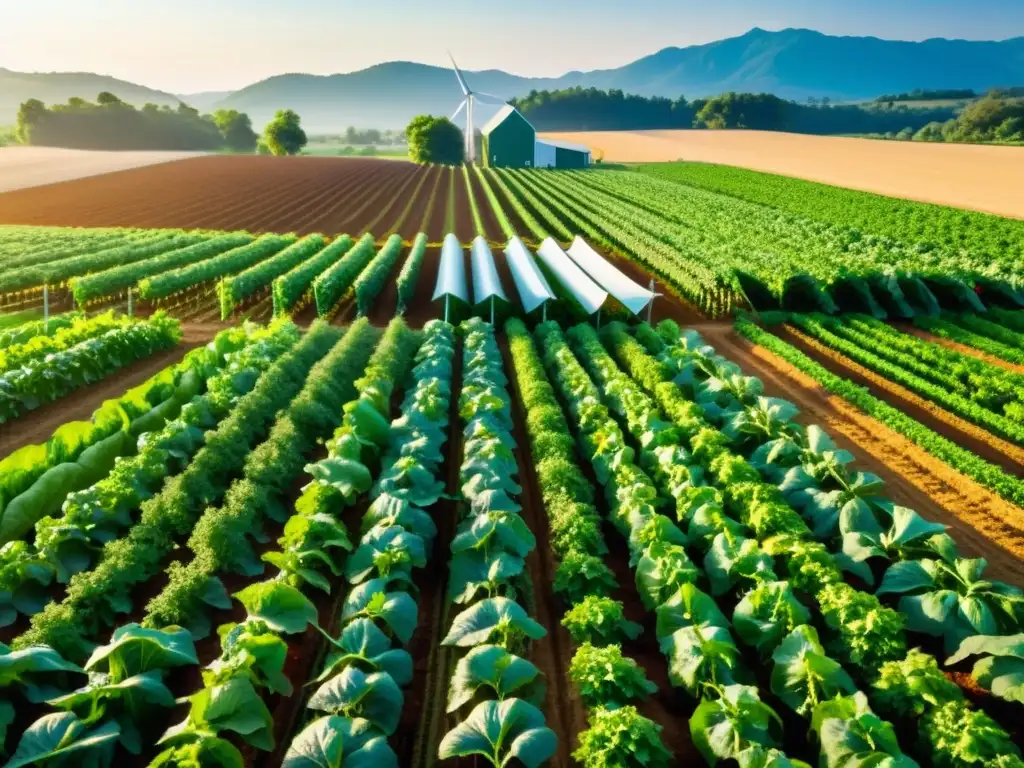 Biotecnología en agricultura orgánica: Granja verde exuberante con cultivos variados bañados por cálida luz dorada, abejas y mariposas revoloteando