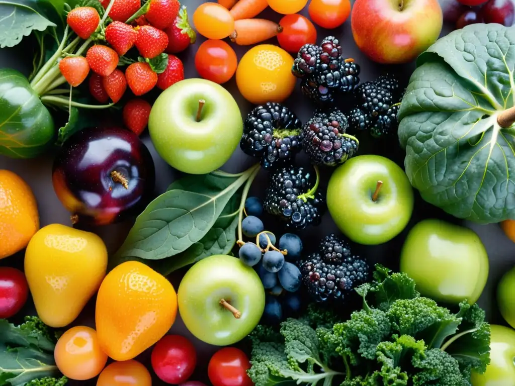 Un bodegón de frutas y verduras orgánicas, con manzanas verdes, fresas rojas, zanahorias naranjas, uvas moradas y hojas de kale