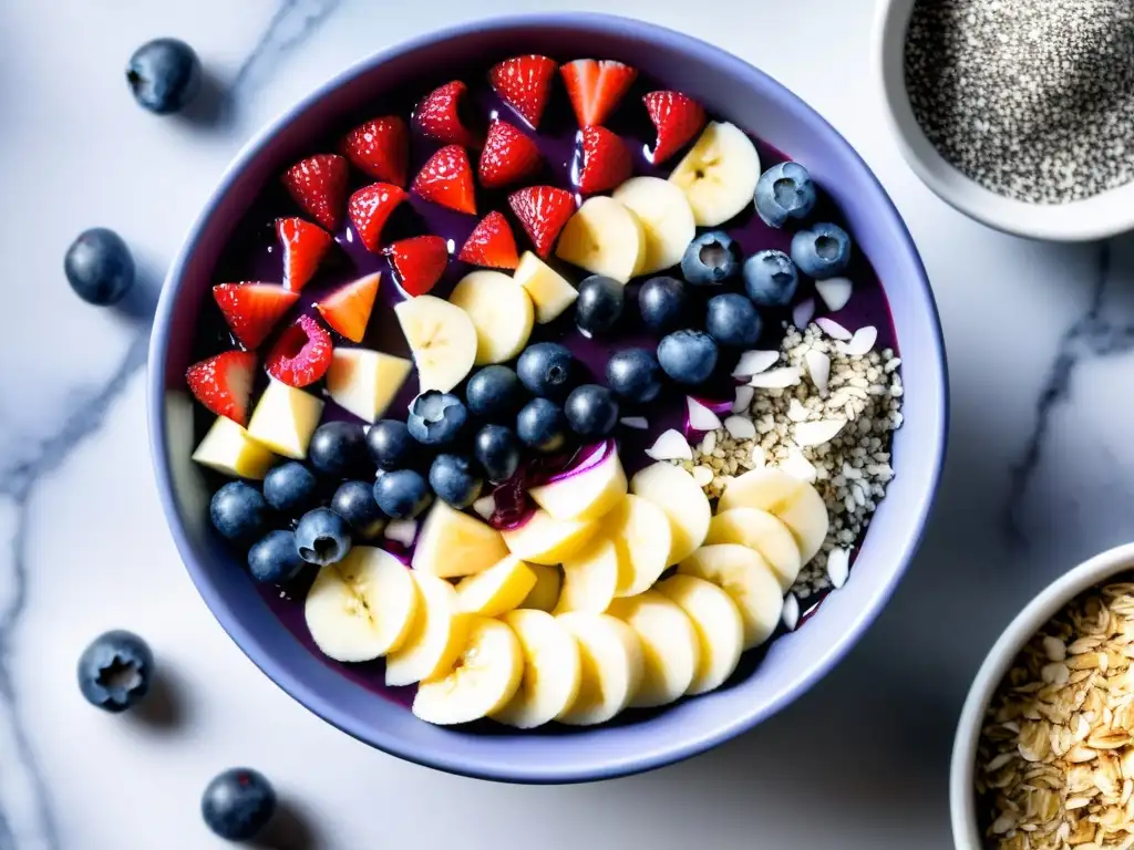 Un bol de acai colorido y detallado con bayas orgánicas y semillas de chía, sobre una encimera de mármol blanco