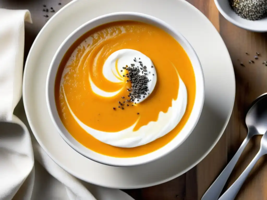 Bol de sopa de calabaza orgánica con yogur griego y pimienta negra