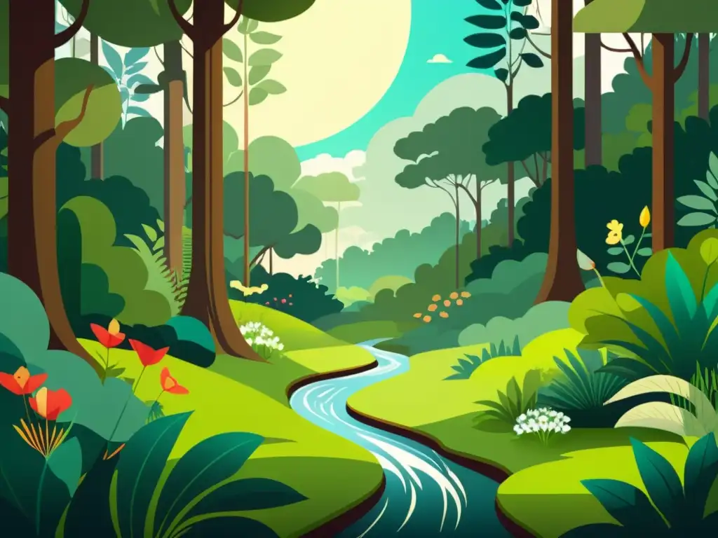 Un bosque exuberante y armonioso, con diversa flora y fauna, transmitiendo la importancia de preservar la biodiversidad