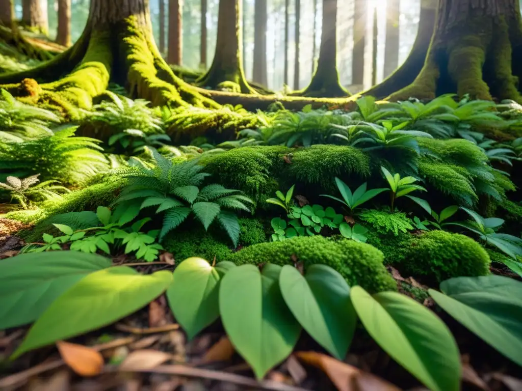 Un bosque exuberante y detallado con hojas caídas, musgo y pequeños insectos