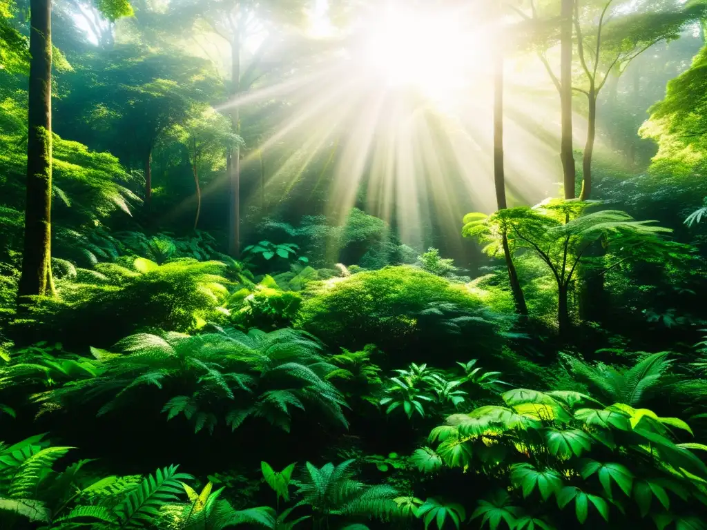 Un bosque exuberante y diverso con luz solar filtrándose a través del dosel, creando patrones moteados en el suelo del bosque