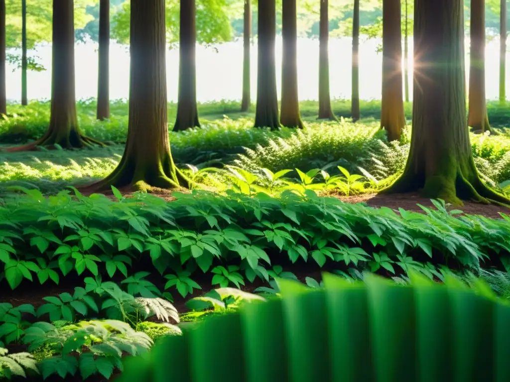 Un bosque exuberante con luz solar filtrándose entre las hojas, creando sombras moteadas en el suelo