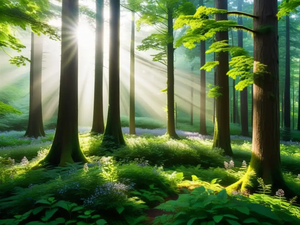 Un bosque exuberante y tranquilo con luz solar filtrándose entre las copas, creando sombras moteadas en el suelo