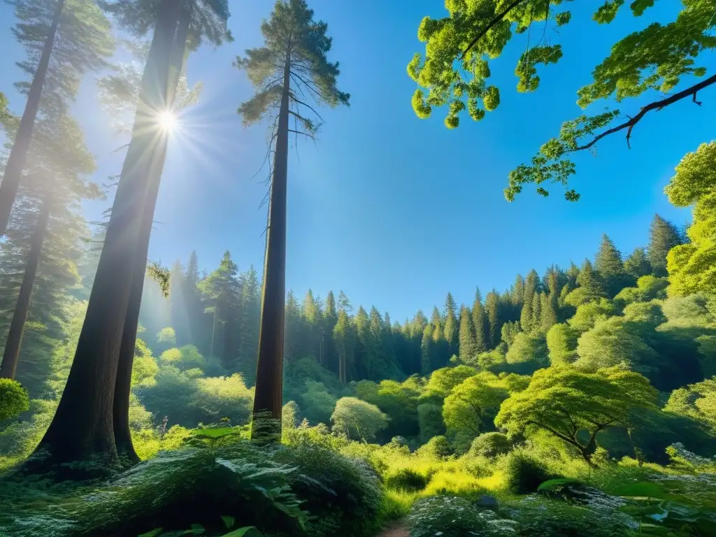 Un bosque exuberante y vibrante con árboles altos, flores coloridas y vida silvestre, bajo un cielo azul claro