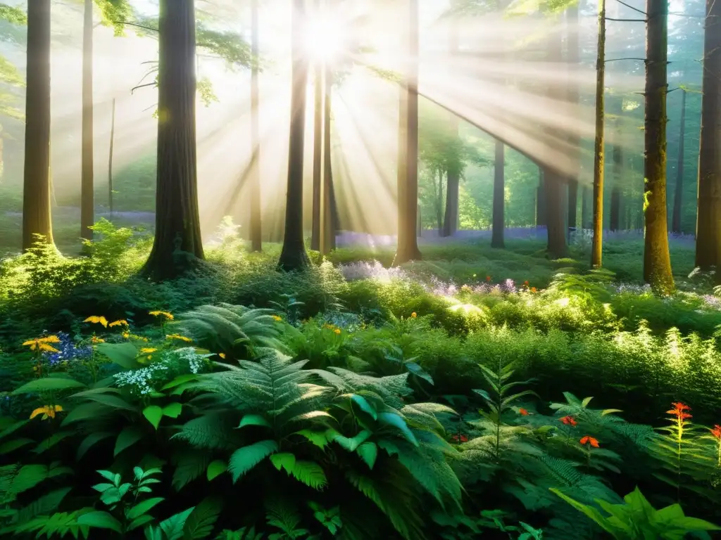 Un bosque exuberante y vibrante con luz solar filtrándose entre las hojas, creando patrones de luz y sombra en el suelo