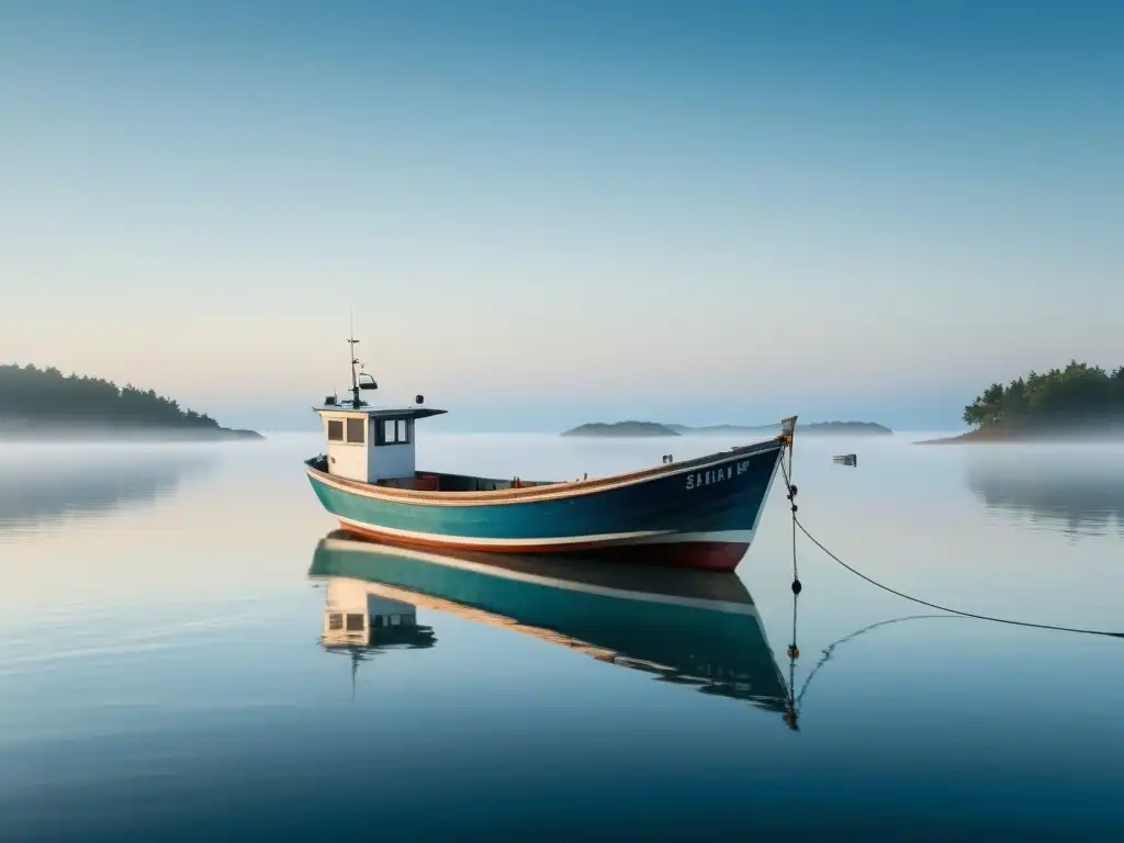 Un bote de pesca en aguas tranquilas con cielo azul claro y neblina suave, reflejando tranquilidad y sostenibilidad