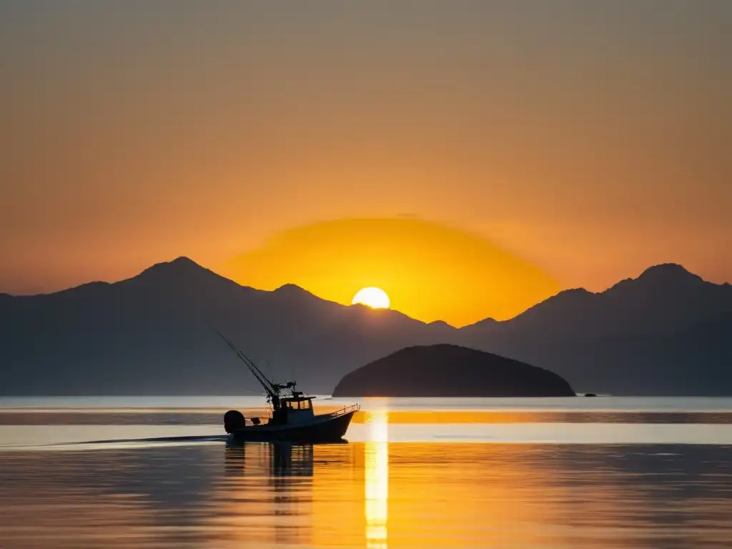 Un bote pesquero navega en un mar tranquilo al amanecer, evocando la pesca sostenible y la reducción de la huella de carbono