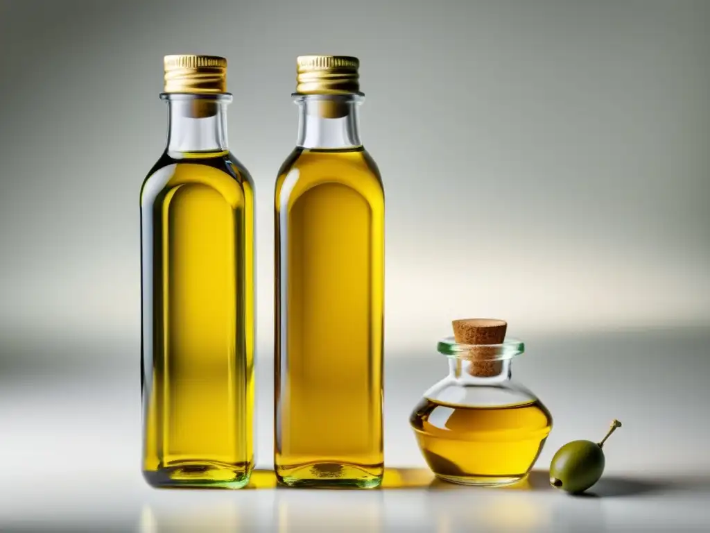 Botellas de aceite: una radiante, orgánica y otra no orgánica, contrastando beneficios nutricionales