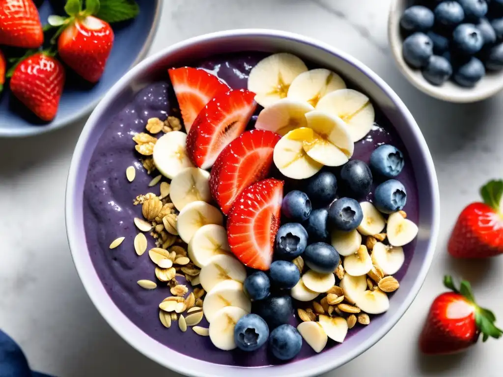 Un bowl de açaí orgánico energizante con fresas, arándanos, granola y coco sobre mármol blanco, ¡ideal para recetas de desayunos energizantes!