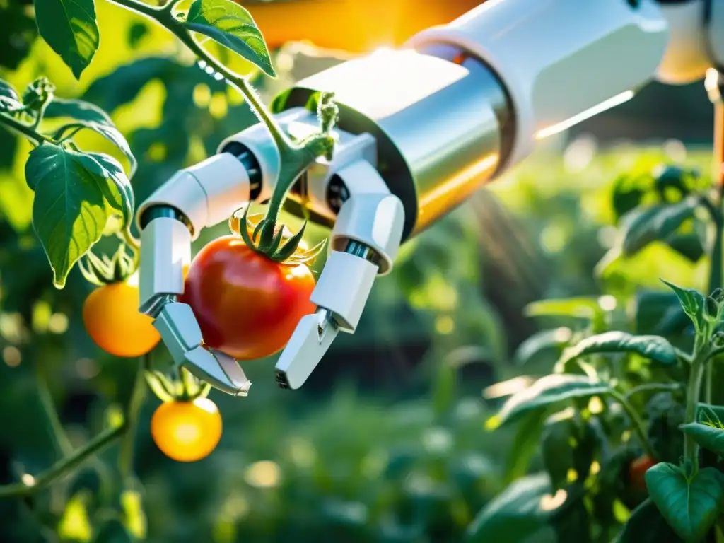 Un brazo robótico blanco recoge una jugosa tomate en un jardín orgánico, reflejando la ética de la automatización en alimentos orgánicos en contraste con la belleza natural