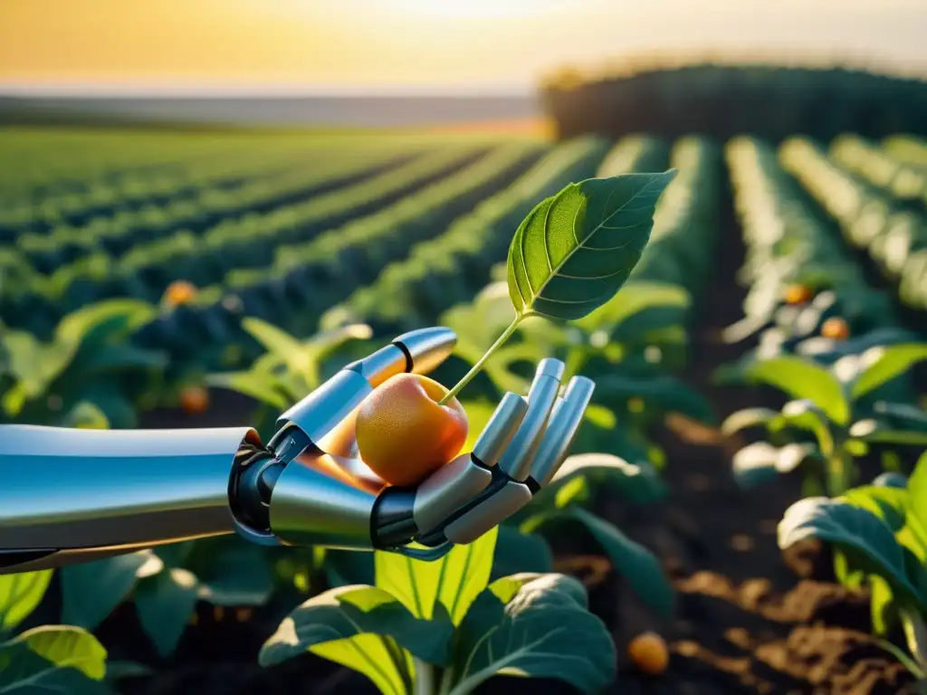 Un brazo robótico cosecha frutas y vegetales orgánicos en un campo soleado, fusionando tecnología y naturaleza