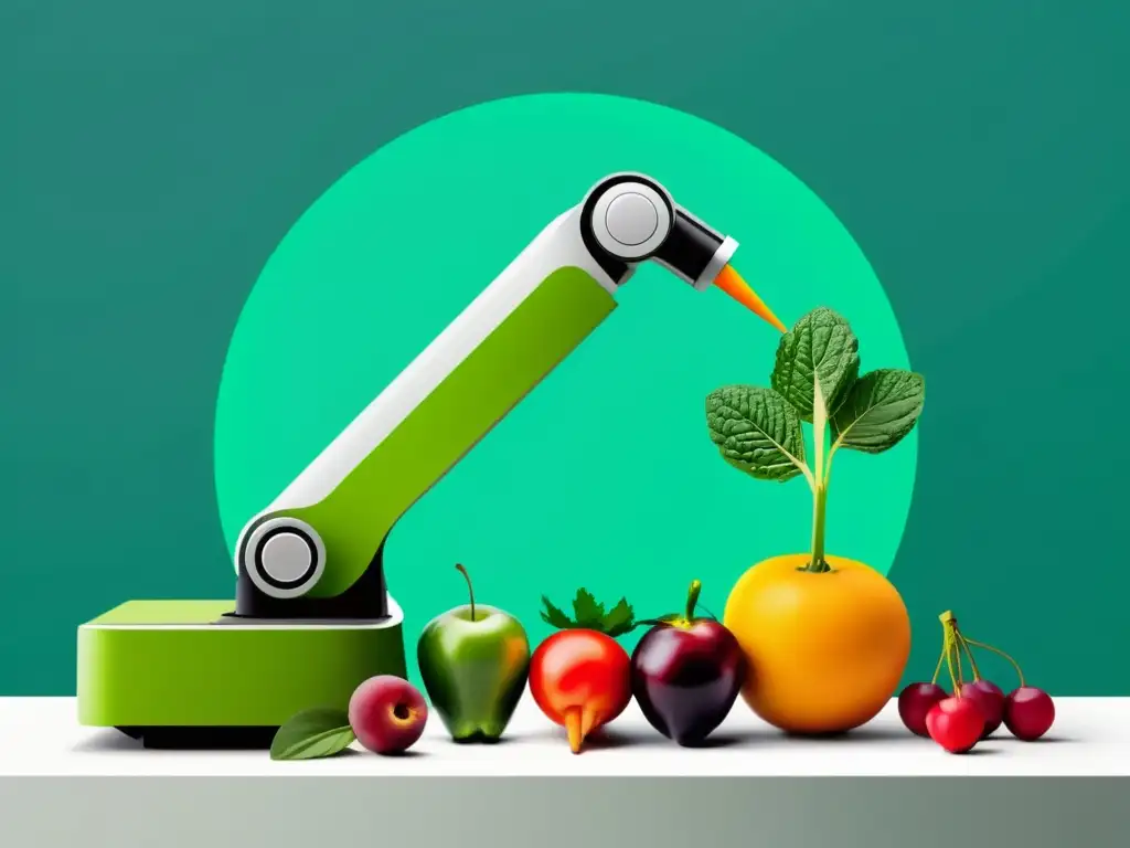 Un brazo robótico certifica con precisión frutas y verduras orgánicas, mostrando tecnología avanzada en certificación de alimentos