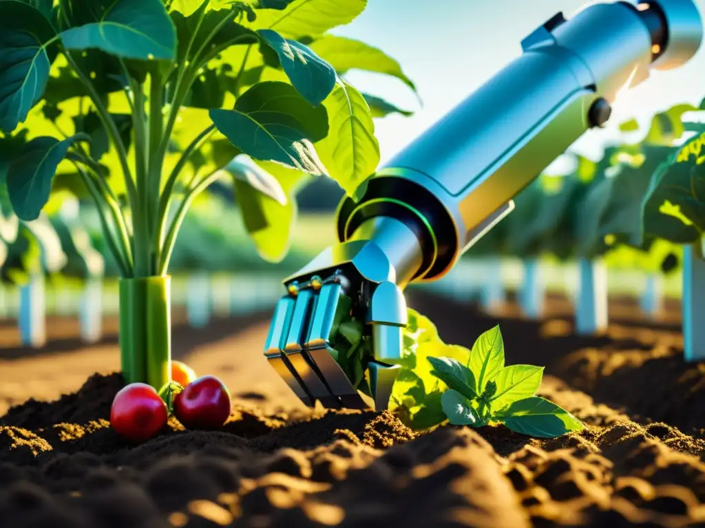 Un brazo robótico cosechando frutas y verduras en una granja orgánica, destacando la integración exitosa de la robótica en la agricultura sostenible