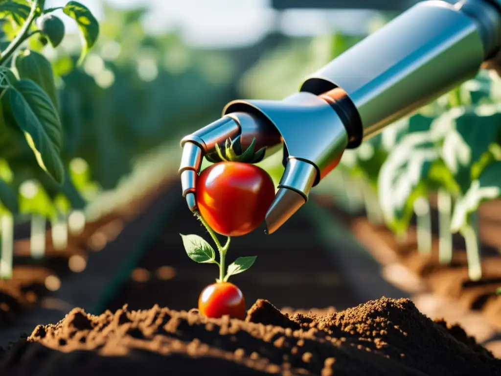 Un brazo robótico recolecta suavemente un tomate maduro en una granja orgánica soleada, fusionando tecnología y agricultura