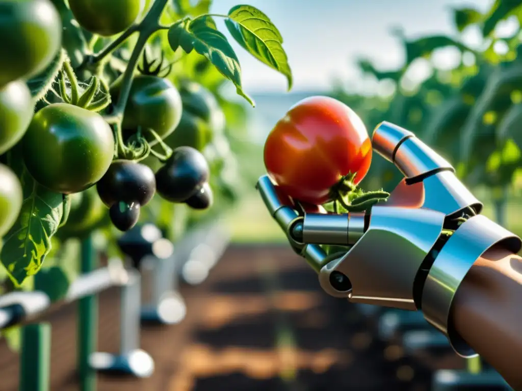 Un brazo robótico cosecha tomates orgánicos en una granja ética y soleada con trabajadores humanos y robots para la cosecha de alimentos orgánicos