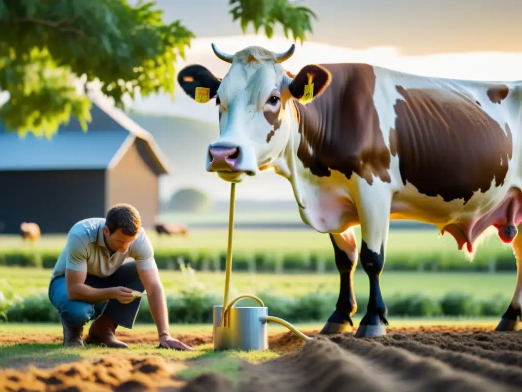 Un brazo robótico ordeña suavemente a una vaca feliz en una granja orgánica