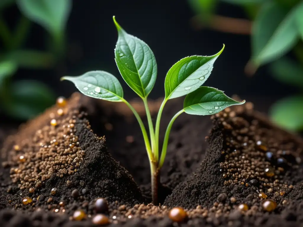 Brotes verdes emergiendo de la tierra oscura y rica con gotas de agua, resaltando la textura y colores vibrantes de plantas jóvenes