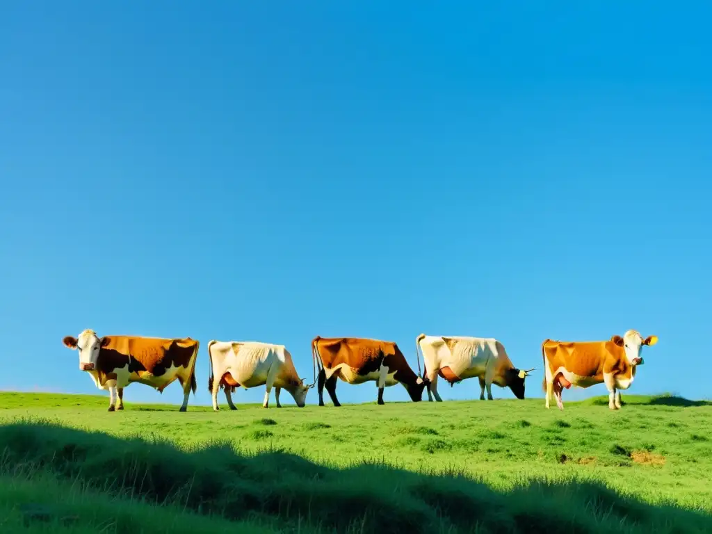 Un bucólico paisaje de vacas pastando en un prado verde bajo un cielo azul