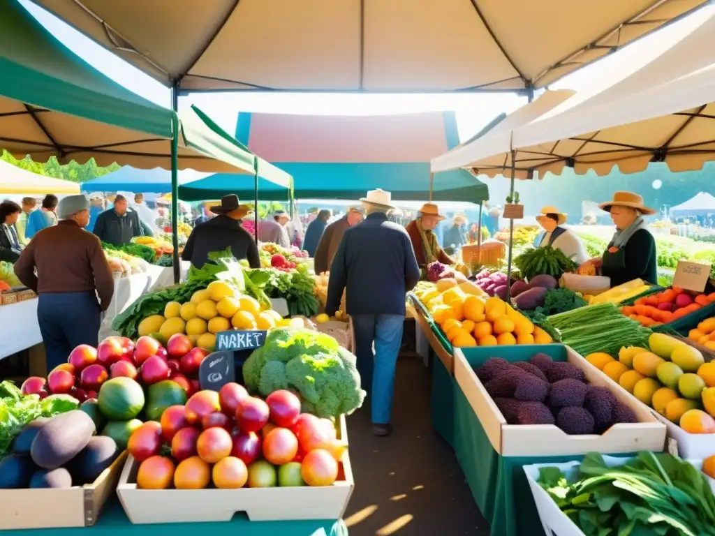 Una bulliciosa feria de alimentos orgánicos sostenibles con una vibrante variedad de productos frescos y diversidad de personas, creando una atmósfera comunitaria y sostenible