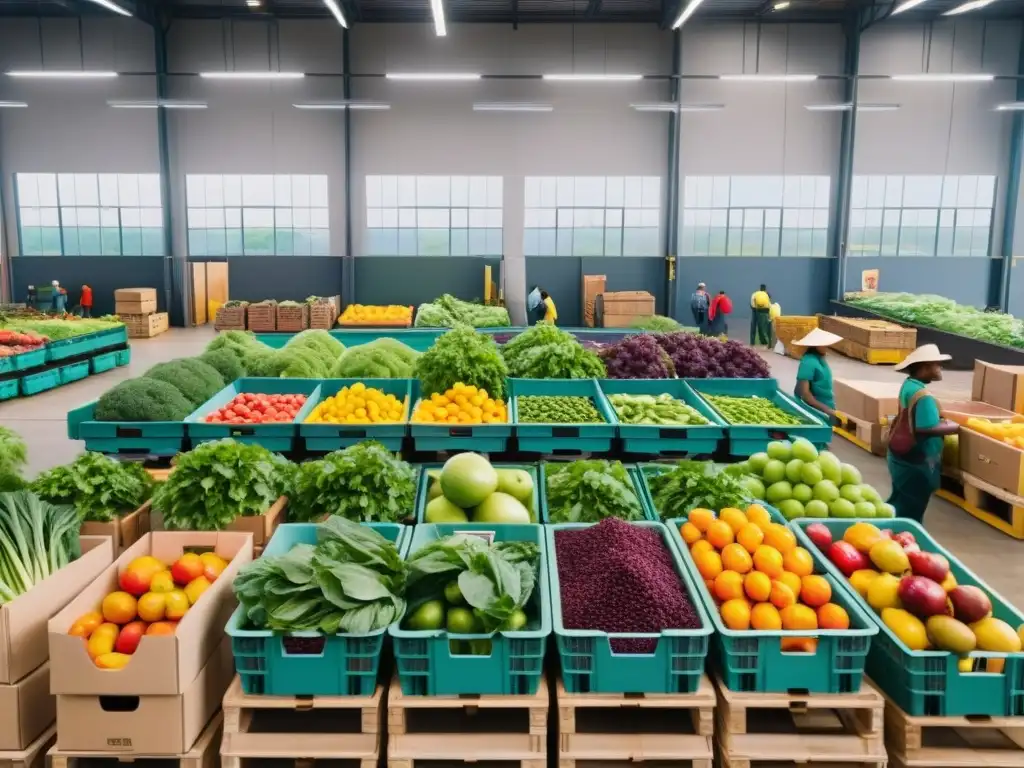 Almacén bullicioso de frutas y verduras orgánicas, con trabajadores clasificando y empaquetando