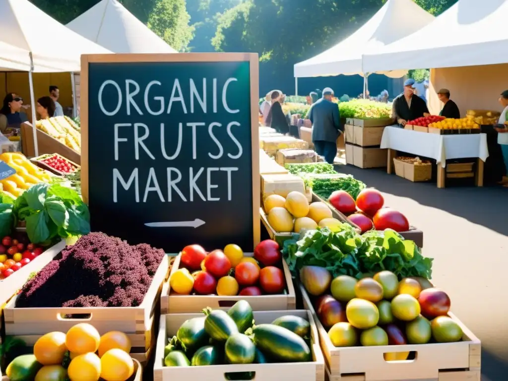 Un bullicioso mercado de agricultores con coloridos productos orgánicos, ofreciendo una atmósfera cálida y acogedora