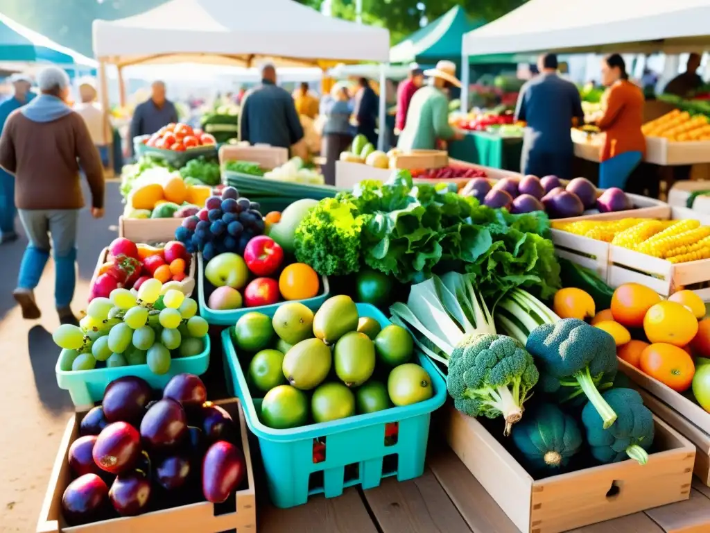 Un bullicioso mercado de agricultores con frutas y verduras orgánicas coloridas en mesas de madera