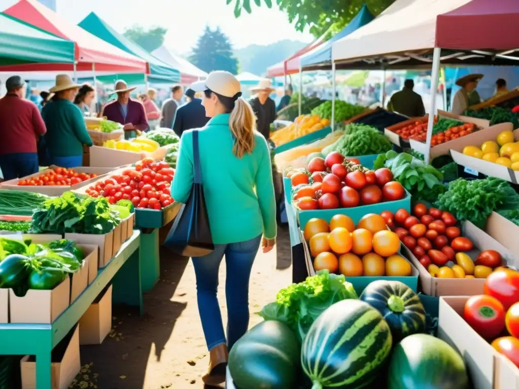 Un bullicioso mercado de agricultores lleno de productos orgánicos coloridos, sostenibilidad alimentos orgánicos economía circular