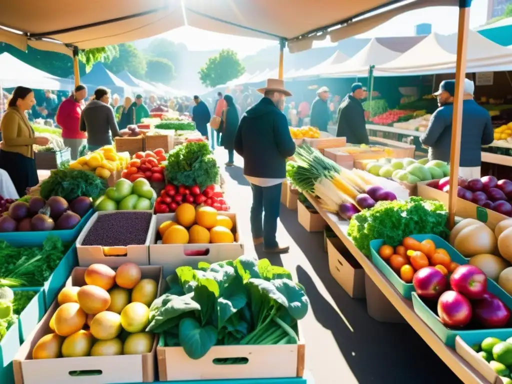 Un bullicioso mercado de alimentos orgánicos, con coloridas frutas y verduras en mesas, clientes y vendedores conversando